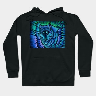 Colorful Blue Fantasy Wolf Aurora Hoodie